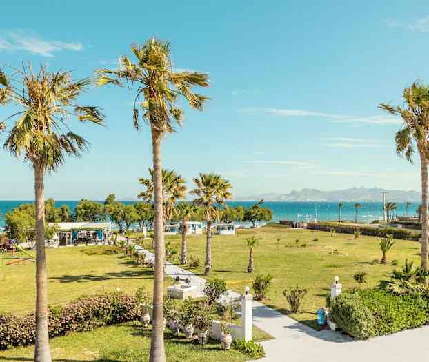 Utsikt over en frodig hage med palmer og havet i bakgrunnen. (AI-generert tekst)