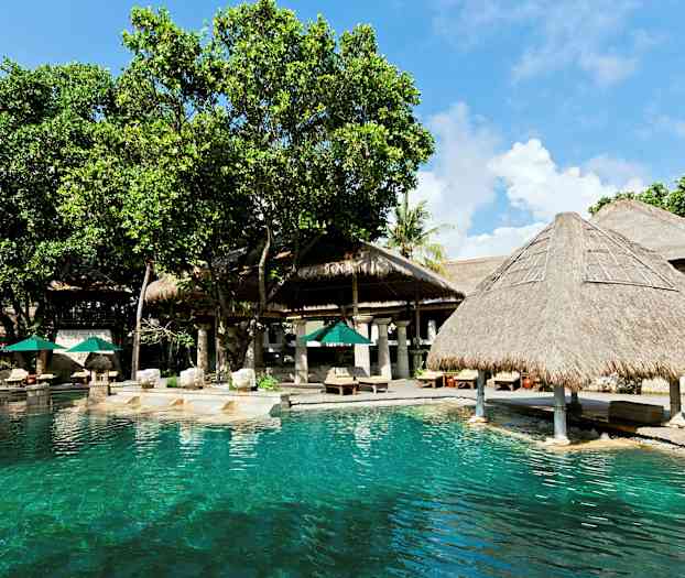 Et utendørsbasseng med klart vann omgitt av trær og strukturer med stråtak. Solparasoller og solsenger er plassert på terrassen ved siden av. (AI-generert tekst)