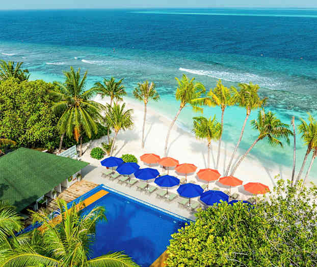 En strand med hvit sand, turkis vann og palmer. Fargerike parasoller og et svømmebasseng vises i forgrunnen. (AI-generert tekst)