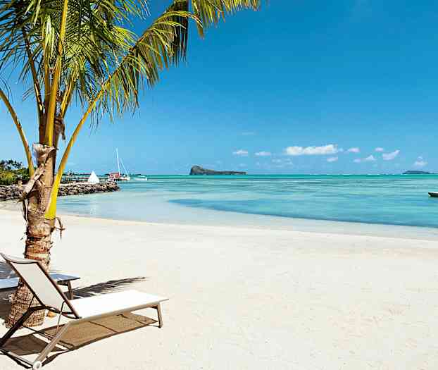 En sandstrand med en palme og solsenger ved vannet. I bakgrunnen er det seilbåter og en liten øy. (AI-generert tekst)