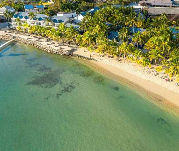 Luftfoto av en strand med palmer og strandstoler ved havet. (AI-generert tekst)