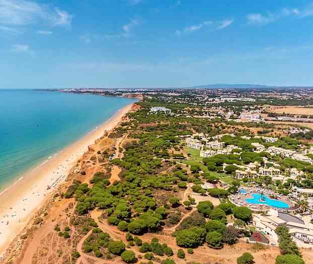 Luftfoto av kystområde med strand, hav og grønne områder. (AI-generert tekst)