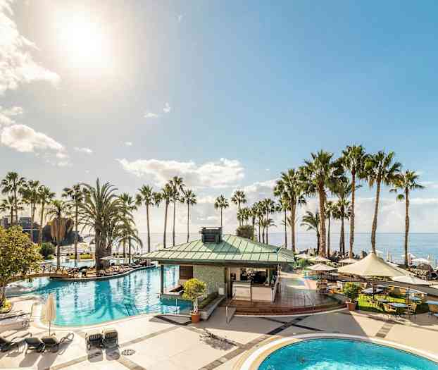 Et bassengområde med palmer og havutsikt under en klar himmel. (AI-generert tekst)