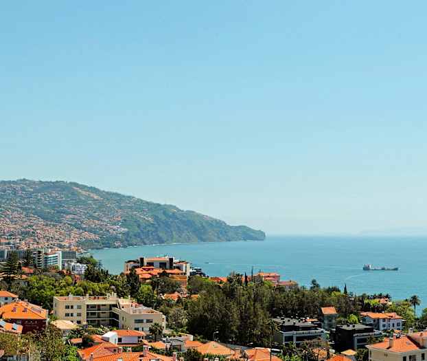 Utsikt over en kystby med røde hustak og havet i bakgrunnen. (AI-generert tekst)