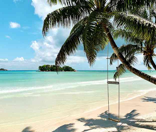 En tropisk strand med en palme som har en huske og en klar blå himmel. (AI-generert tekst)