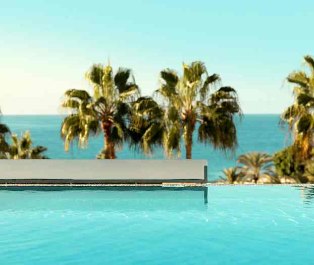 Et basseng med klart vann i forgrunnen og palmer samt havet i bakgrunnen. (AI-generert tekst)