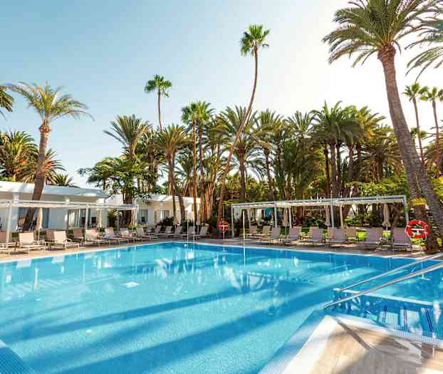 Et utendørs svømmebasseng omgitt av solsenger og palmer. (AI-generert tekst)