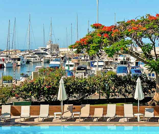 Et basseng i forgrunnen med solsenger og parasoller, en fargerik blomstrende tregren i midten og en småbåthavn i bakgrunnen. (AI-generert tekst)