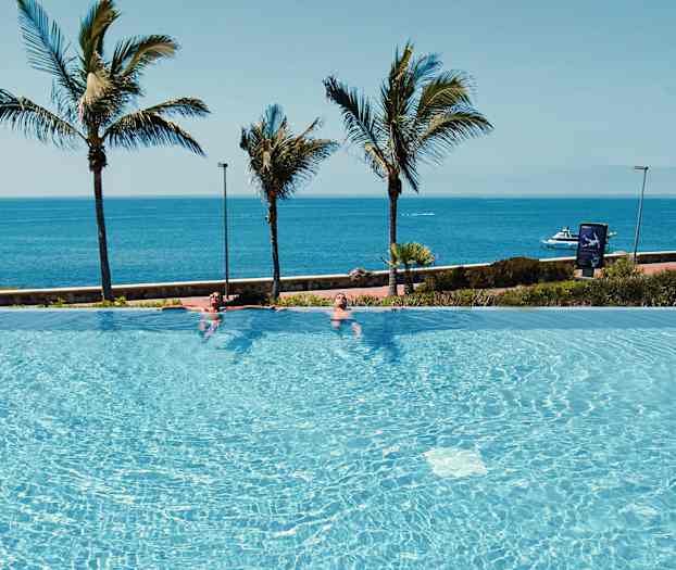 Et infinitybasseng ved havet med palmer i bakgrunnen. (AI-generert tekst)