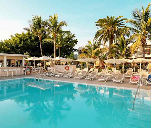 Utendørsbasseng omgitt av solsenger og parasoller med palmer i bakgrunnen. (AI-generert tekst)