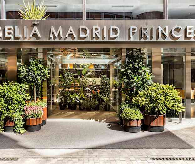 Hotellinngang med skilt "Meliá Madrid Princesa" og omkringliggende planter. (AI-generert tekst)