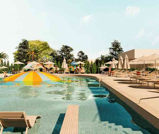 Et svømmebasseng med fargerikt badeland og solsenger på en solterrasse. (AI-generert tekst)