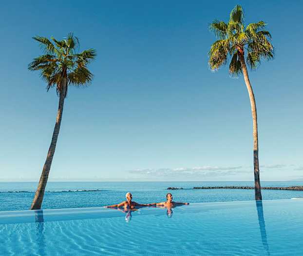 To personer i et infinitybasseng med utsikt over havet og to palmer. (AI-generert tekst)