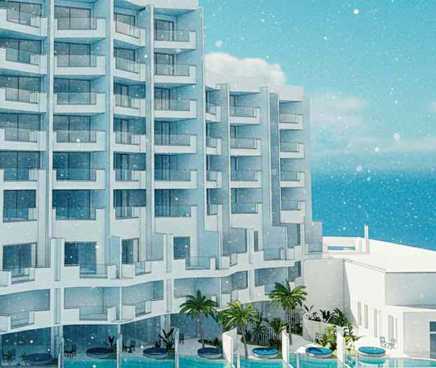 Et moderne hotell med flere etasjer, store balkonger og bassengområde ved sjøen. (AI-generert tekst)