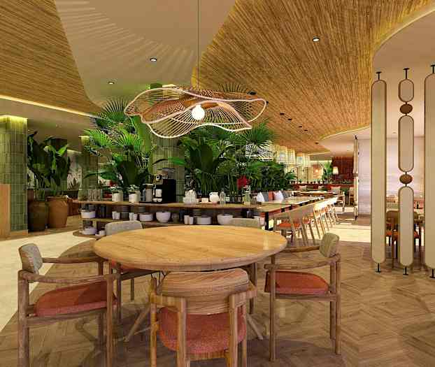 Innendørs bilde av en moderne restaurant med trematerialer og grønne planter, inkludert et rundt trebord med stoler. (AI-generert tekst)