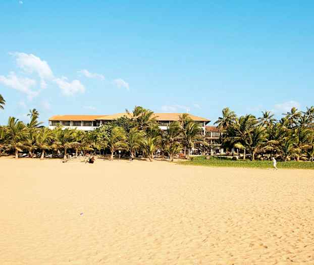 En strand med gylden sand, palmer og en bygning i bakgrunnen under en klar blå himmel. (AI-generert tekst)
