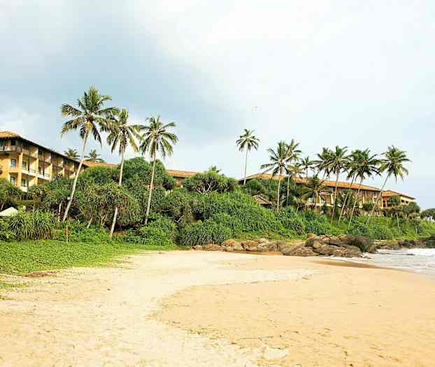 En sandstrand med grønn buskas og palmer i bakgrunnen. Til høyre er en bygning med gule vegger. (AI-generert tekst)