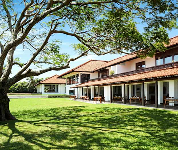 Hvit bygning med røde tak omgitt av grønne områder og et stort tre i forgrunnen. (AI-generert tekst)