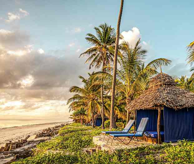 En strand med en hytte nær palmer og solstoler. (AI-generert tekst)