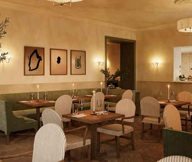 En elegant restaurant med bord, stoler og kunstverk på veggene. (AI-generert tekst)