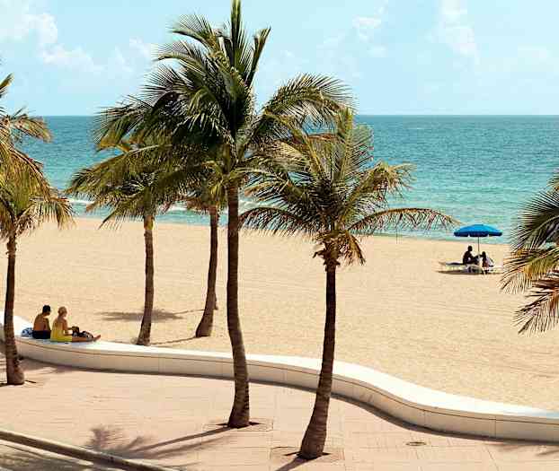 En sandstrand med palmer og et par som sitter på en benk nær stranden. (AI-generert tekst)