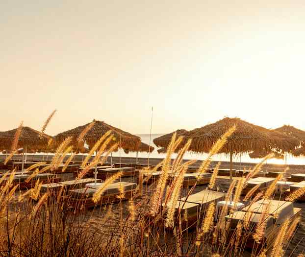 Bilde av solsenger og parasoller på en sandstrand under solnedgang. (AI-generert tekst)
