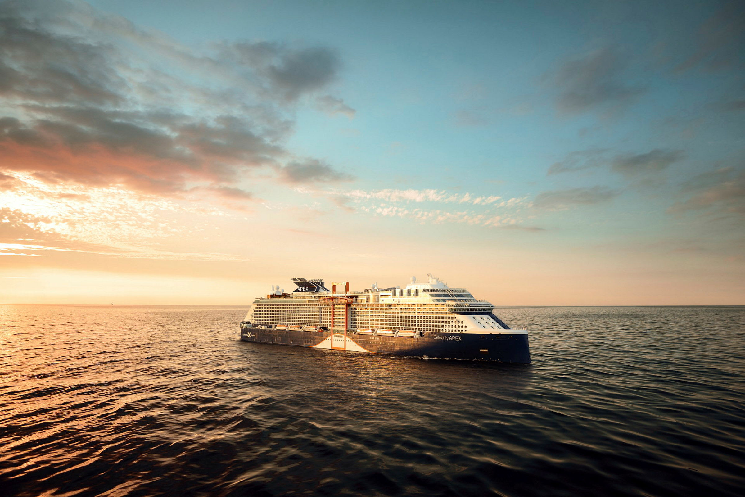Et bilde av et stort cruiseskip på havet under solnedgangen. (AI-generert tekst)
