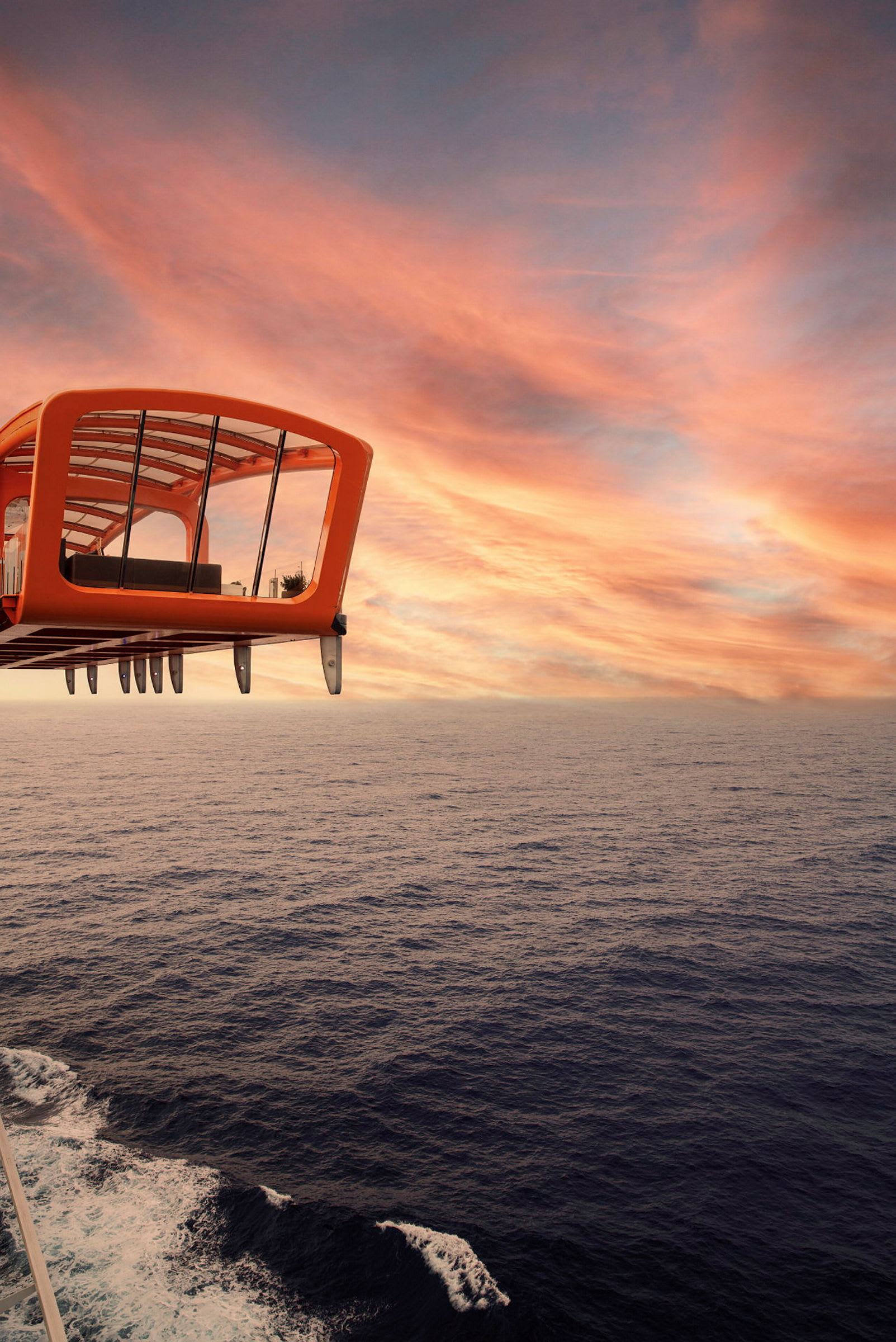 En oransje struktur med glassvegger svever over havet mot en himmel med rosa og oransje nyanser. (AI-generert tekst)