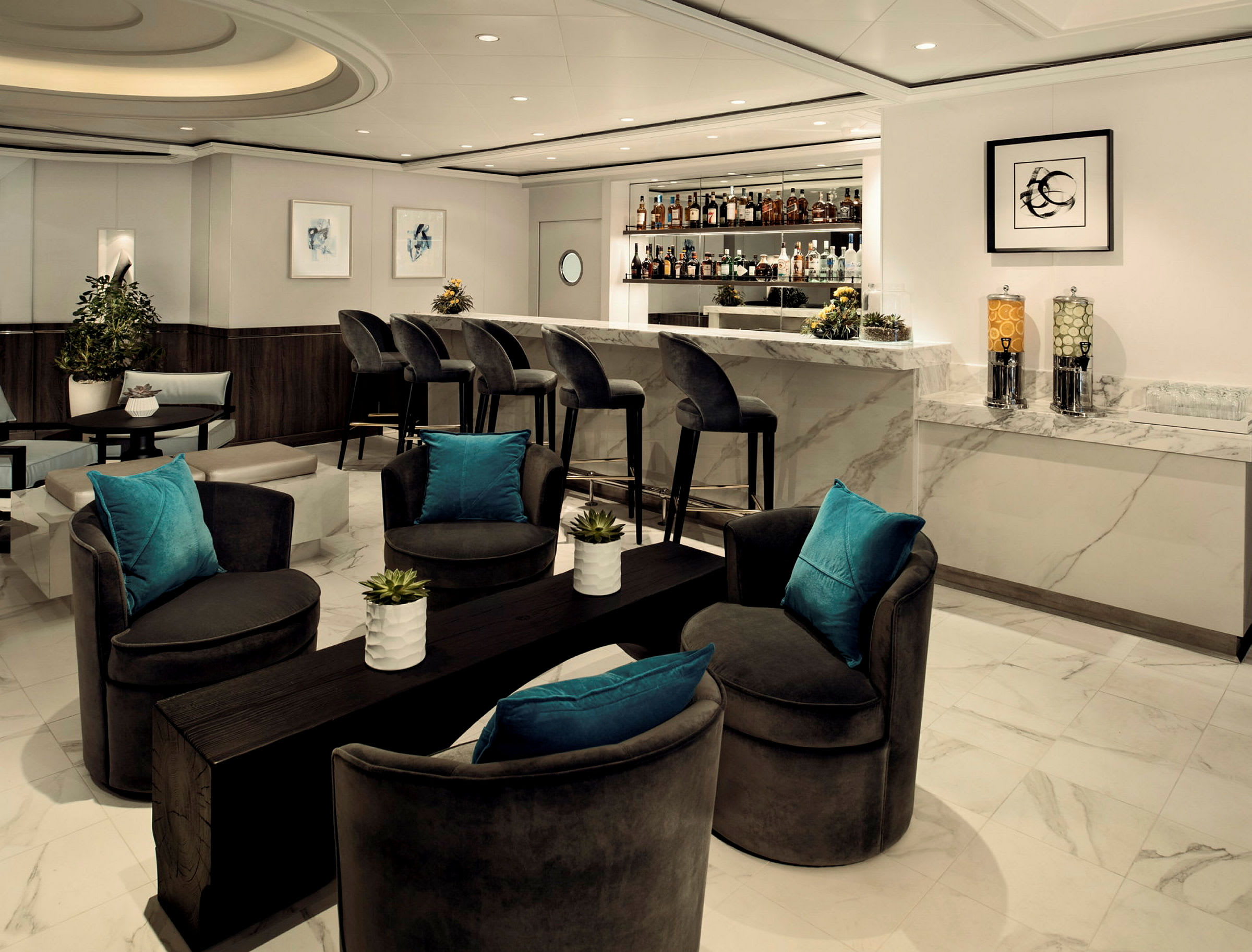 En moderne lounge med sittemøbler og en bardisk i marmordesign. (AI-generert tekst)