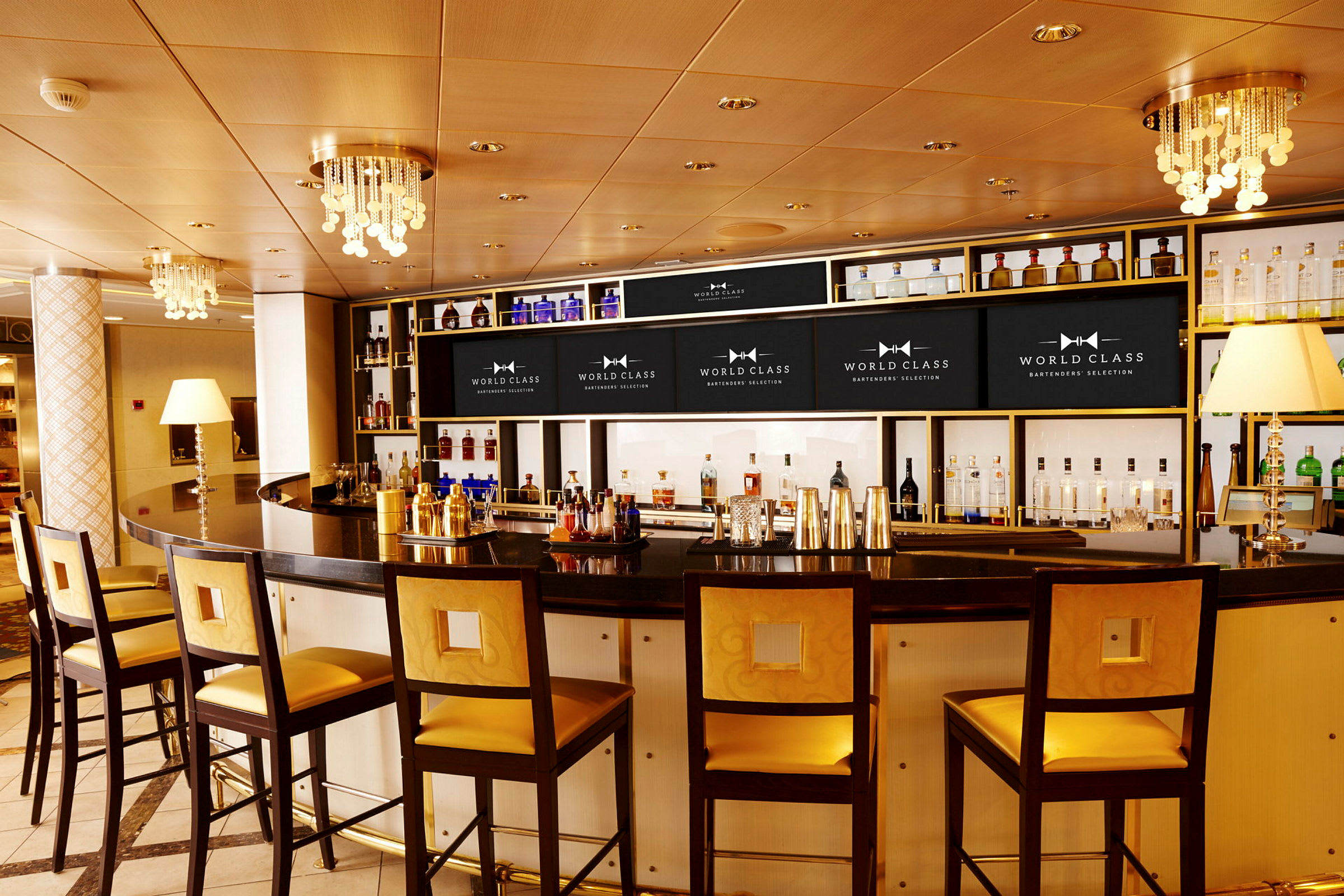 En elegant bar med høye stoler og en moderne innredning. (AI-generert tekst)
