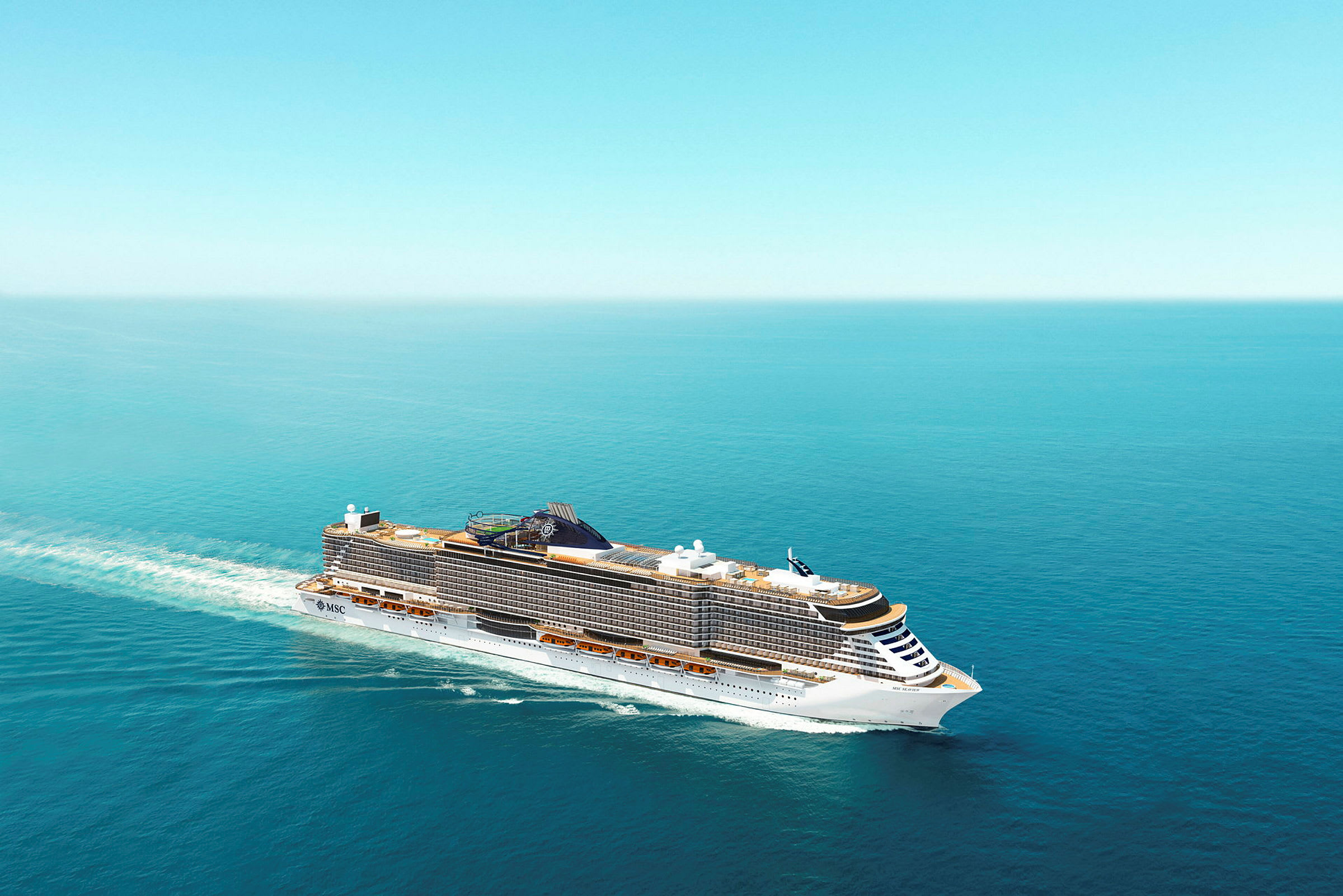 Et hvitt cruiseskip sees på havet under en skyfri blå himmel. (AI-generert tekst)