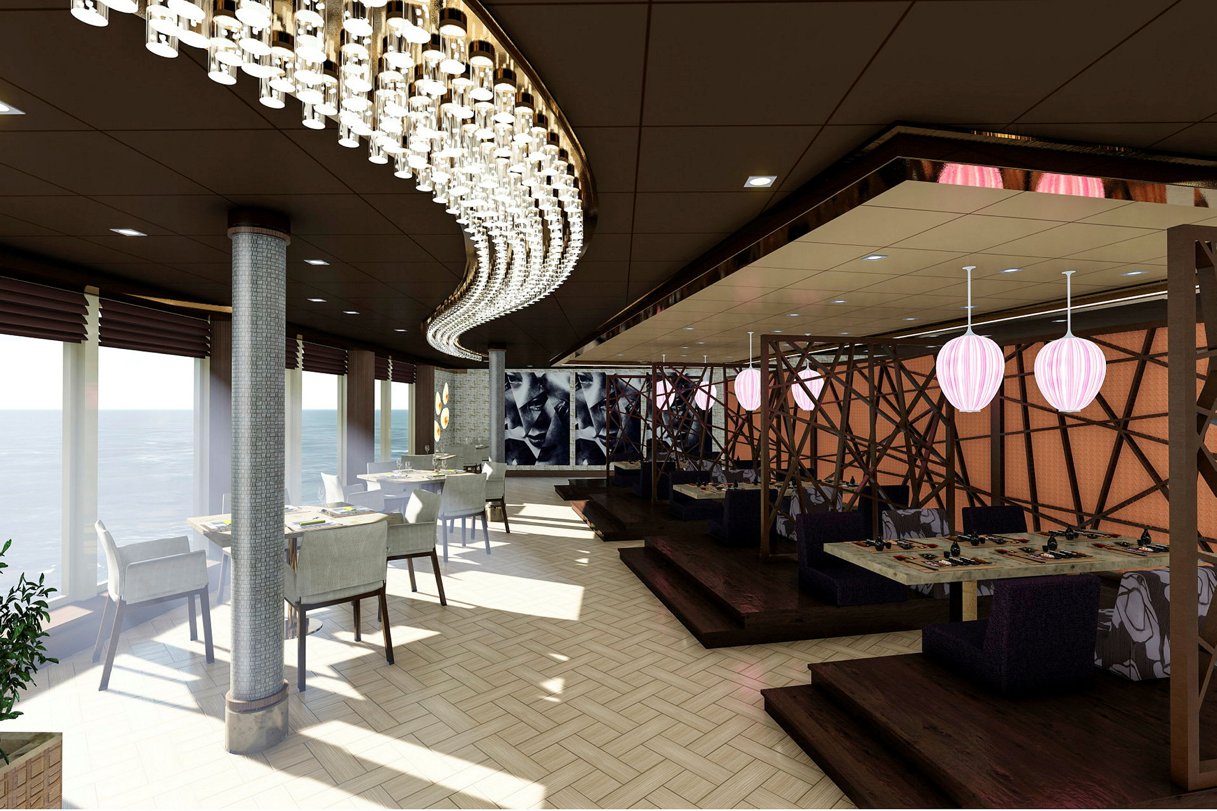 En restaurant med panoramautsikt over havet, stilig innredning og moderne belysning. (AI-generert tekst)