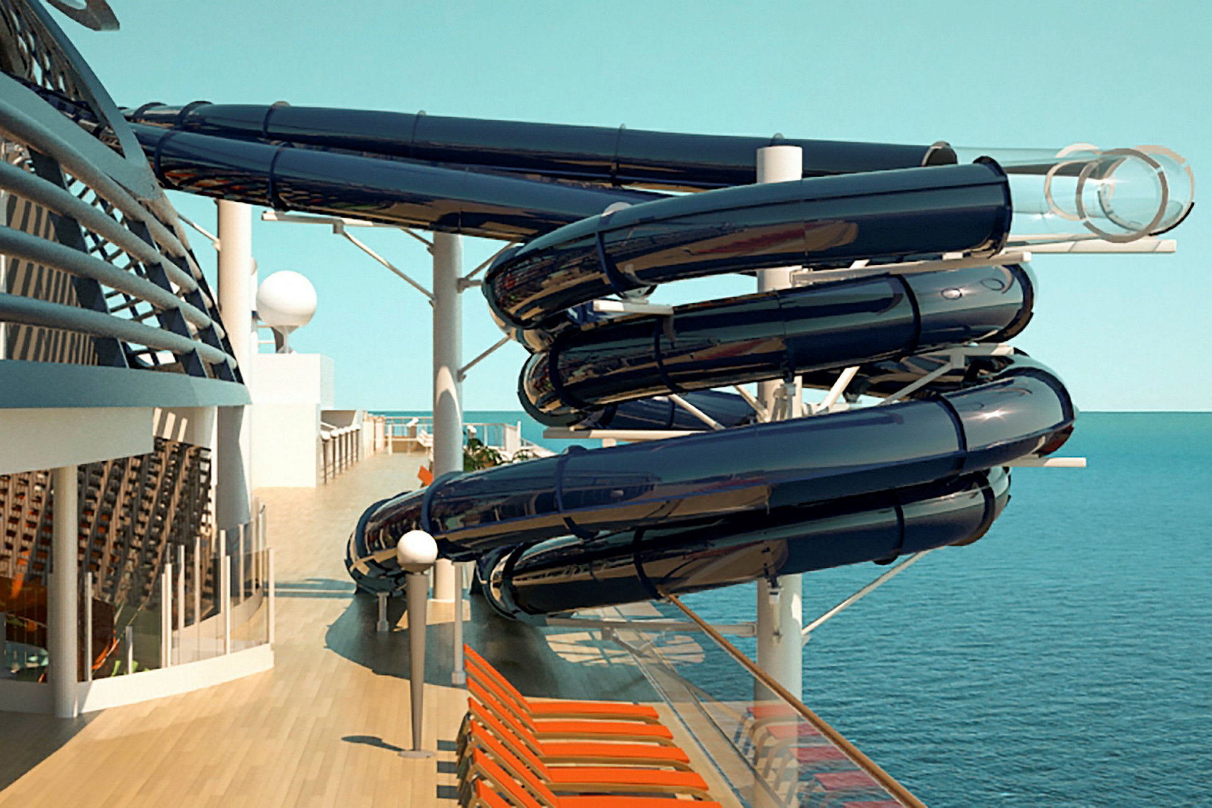 Vannsklier på cruiseskipets dekk med havet i bakgrunnen. (AI-generert tekst)
