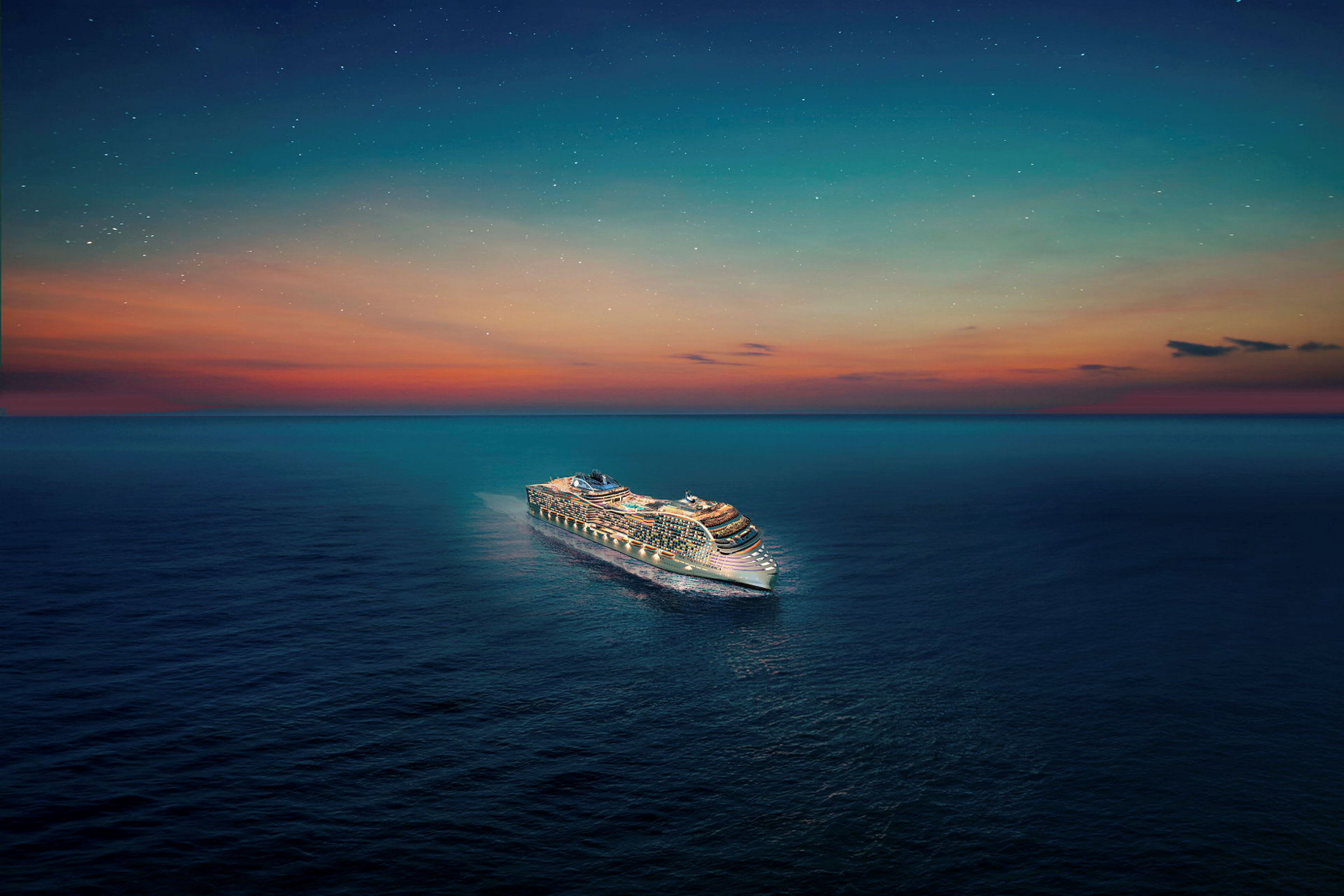 Et cruiseskip på havet ved solnedgang. (AI-generert tekst)