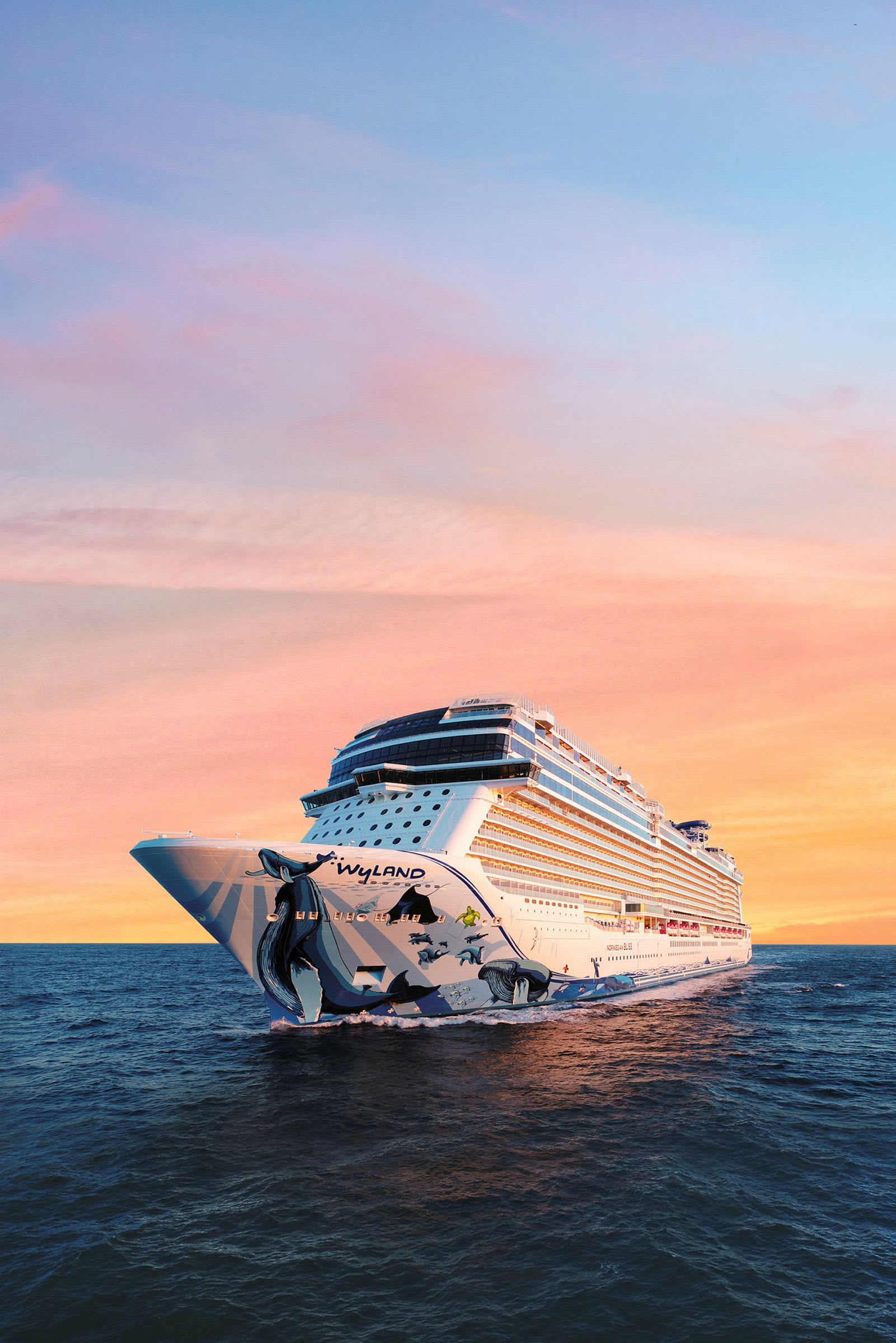 Cruiseskip på havet med en solnedgang i bakgrunnen. (AI-generert tekst)