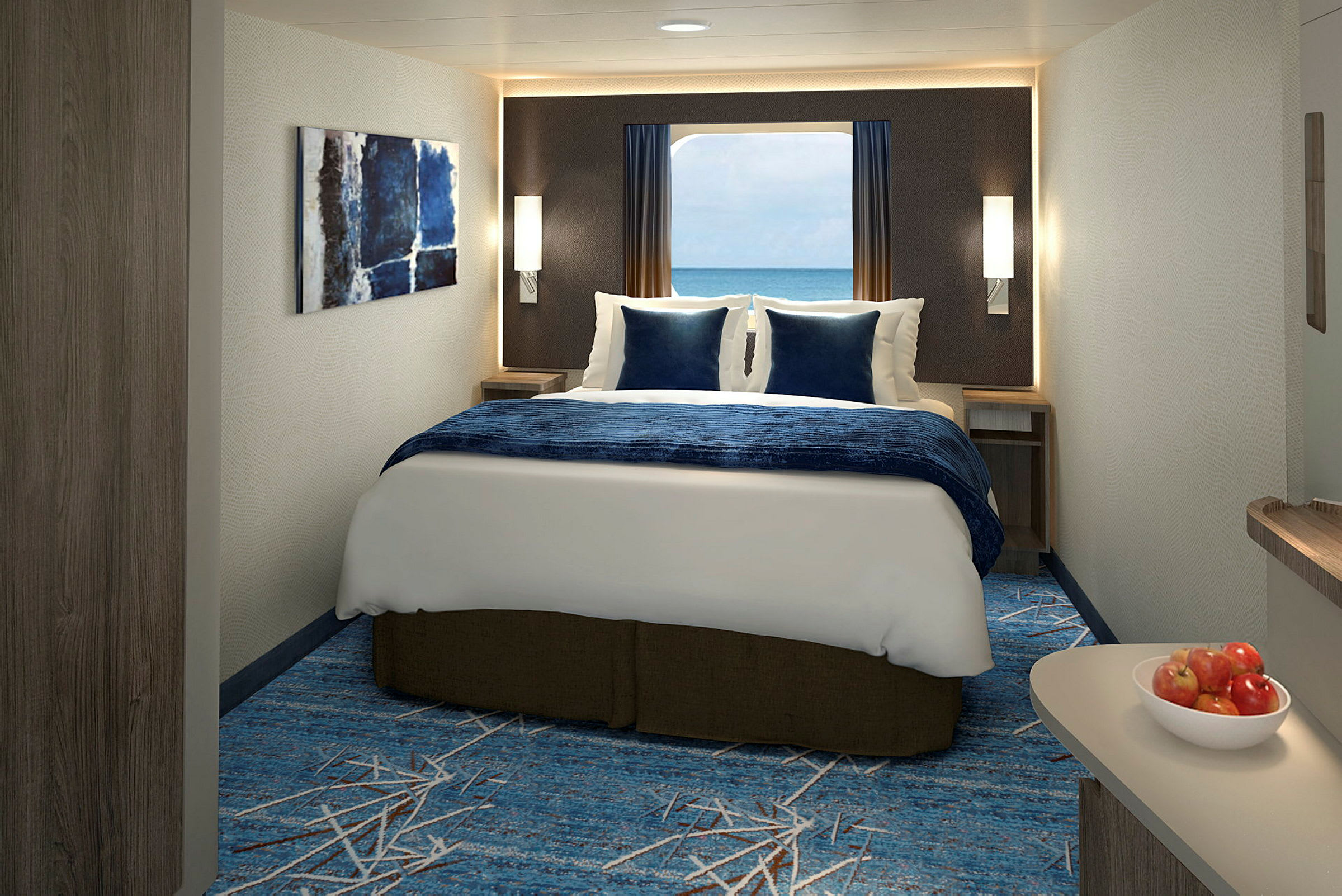 Moderne hotellrom med seng, havutsikt gjennom vinduet og skål med epler på bordet. (AI-generert tekst)