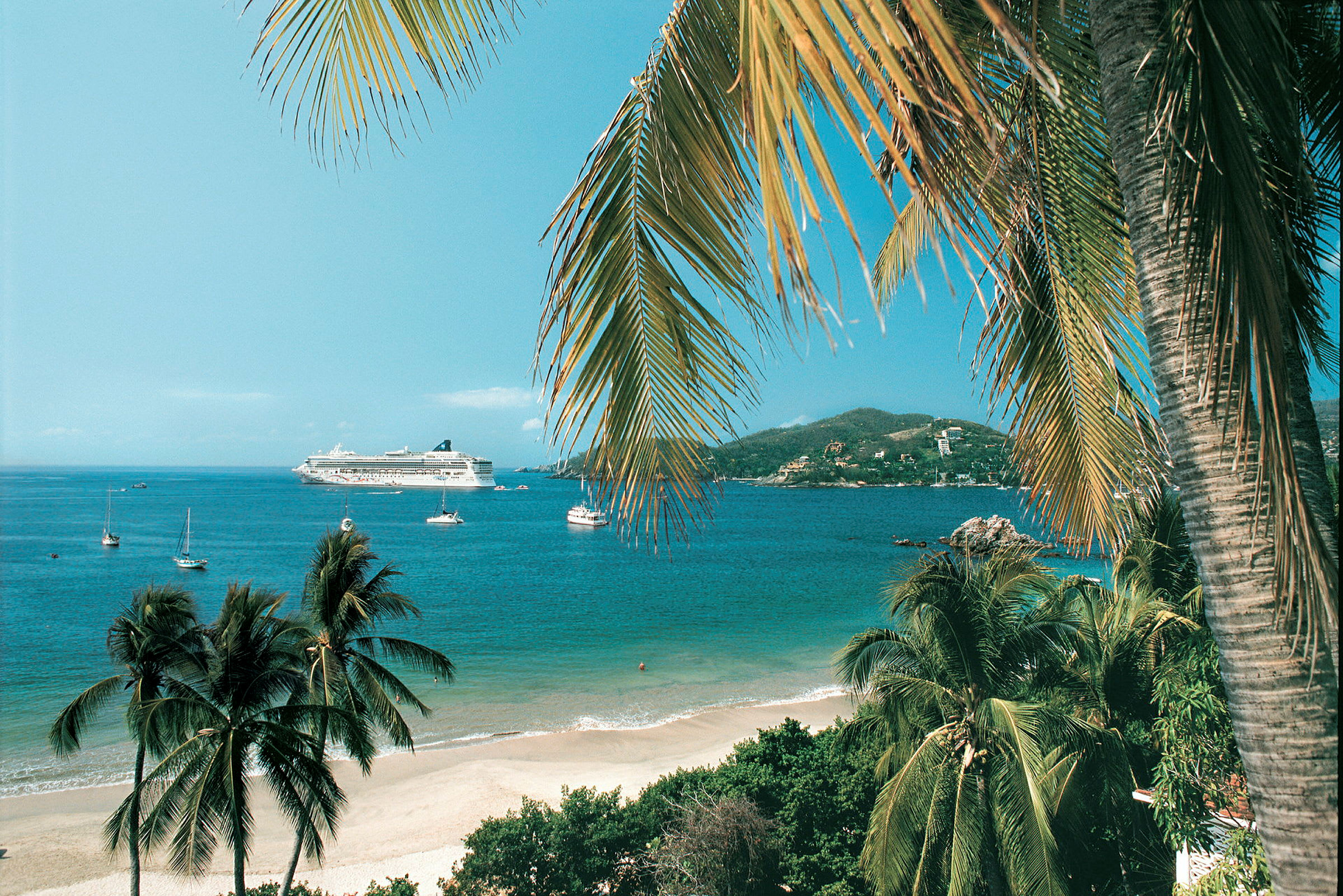 Cruiseskip på havet med strand og palmer i forgrunnen. (AI-generert tekst)