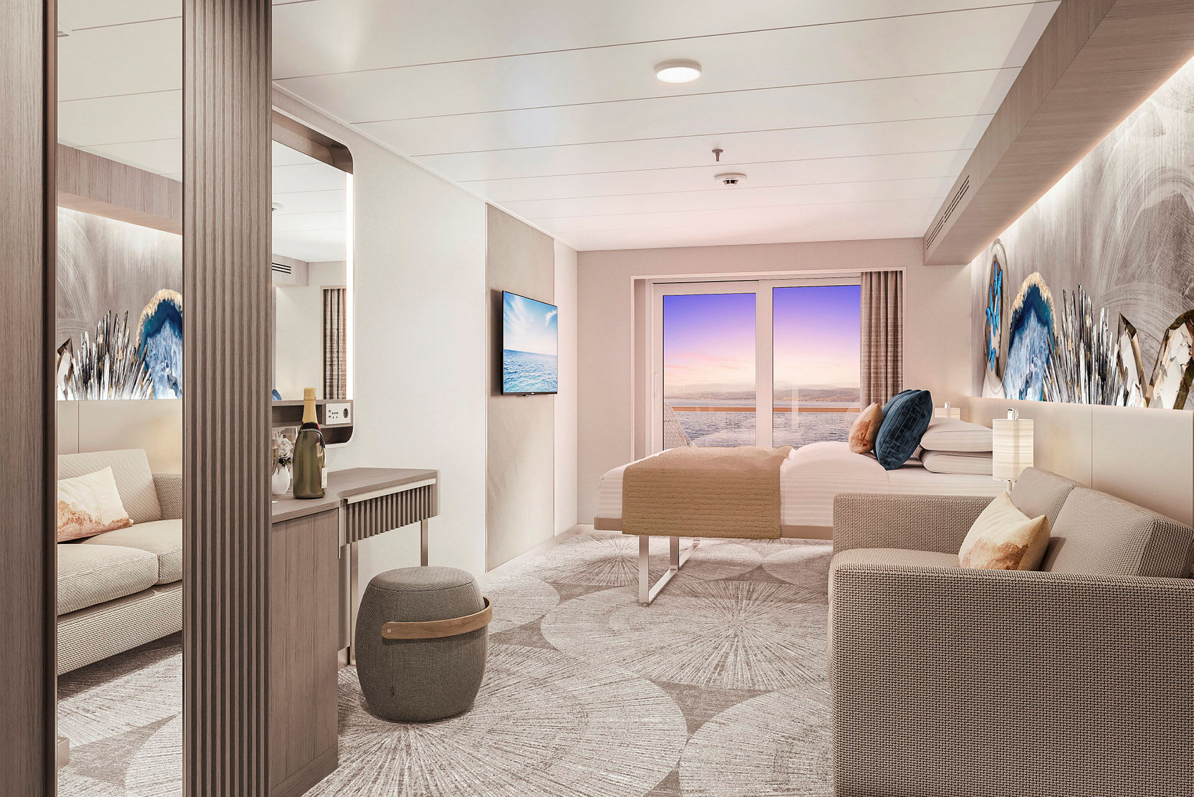 Moderne hotellsuite med havutsikt gjennom glassdører, stilfull innredning og komfortable møbler. (AI-generert tekst)