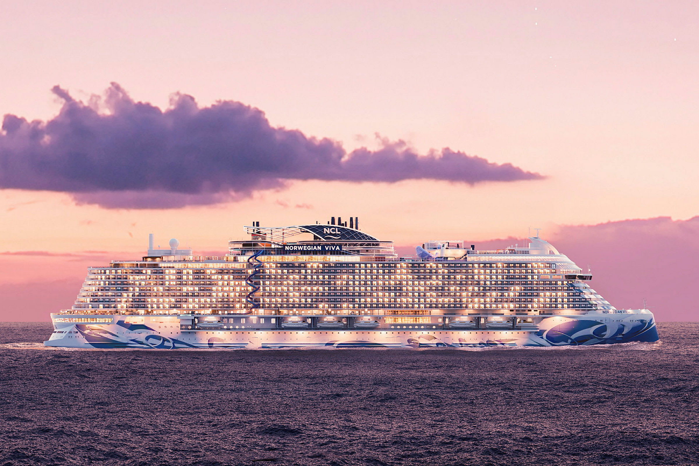 Et moderne cruiseskip på havet ved solnedgang. (AI-generert tekst)
