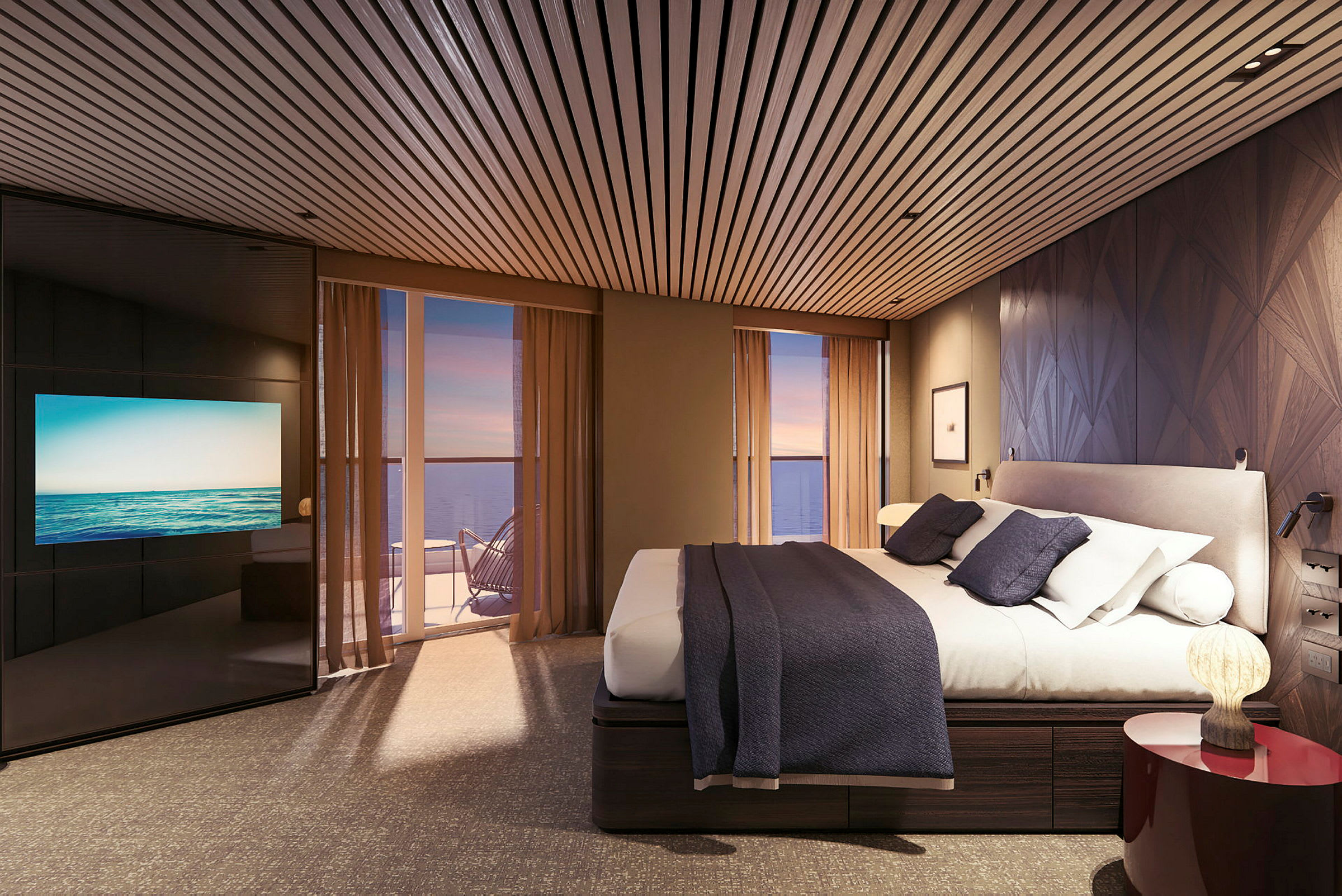 Moderne hotellrom med dobbeltseng og havutsikt. (AI-generert tekst)