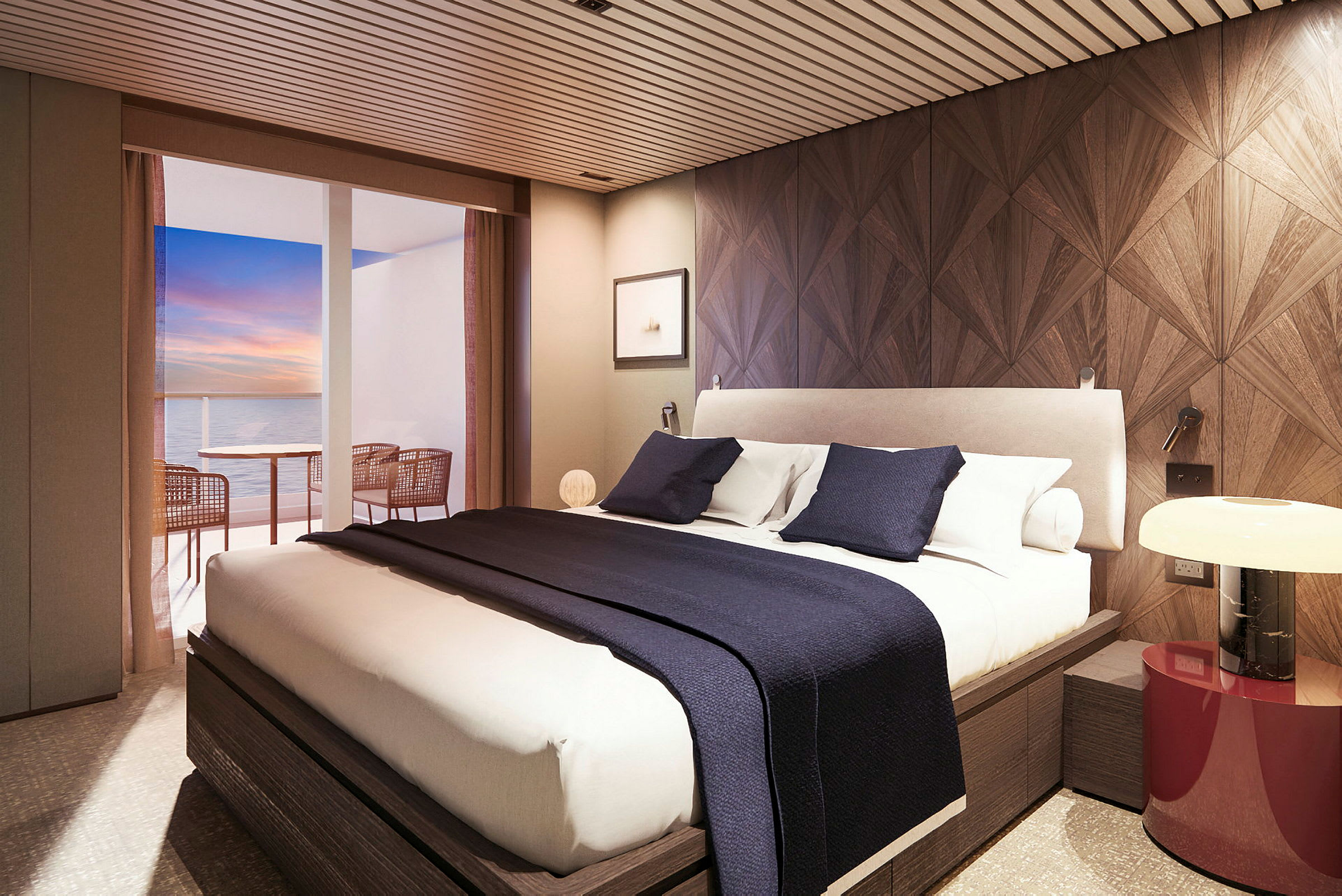 Moderne hotellrom med stor seng, mørkt trepanel og havutsikt fra en privat balkong. (AI-generert tekst)