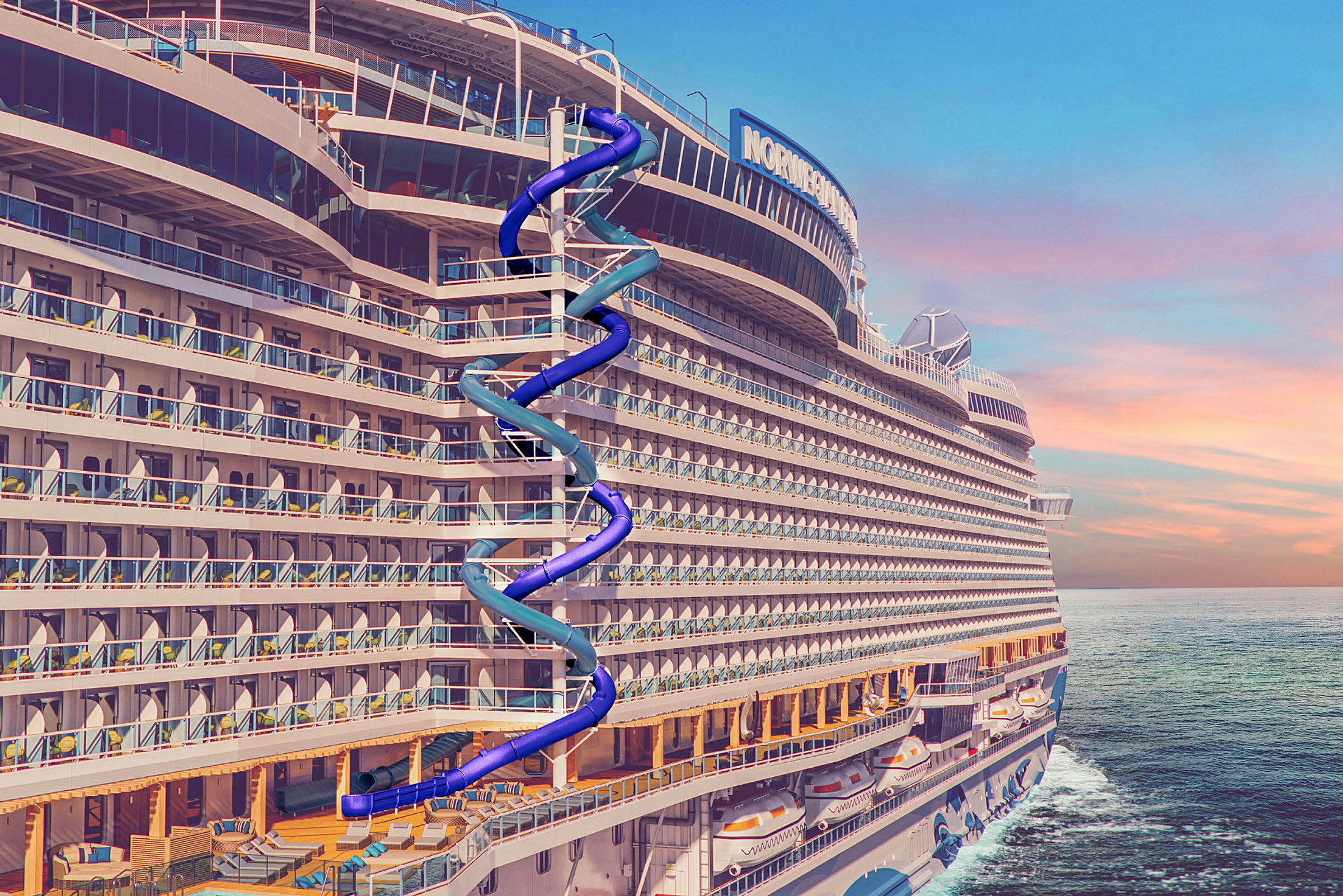 Et stort cruiseskip med en spiralformet vannsklie på siden. (AI-generert tekst)