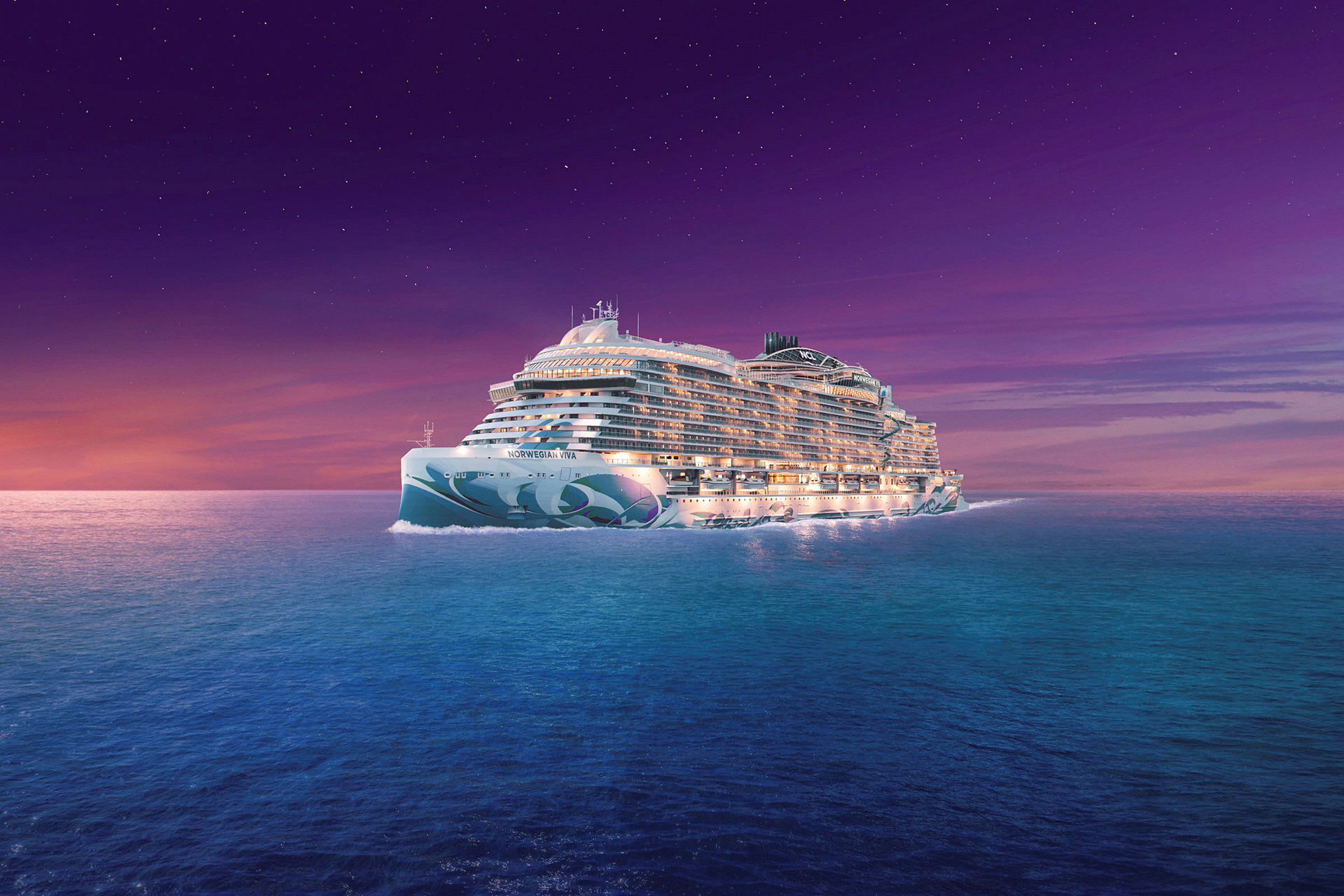 Et cruiseskip på havet under en fargerik solnedgang. (AI-generert tekst)