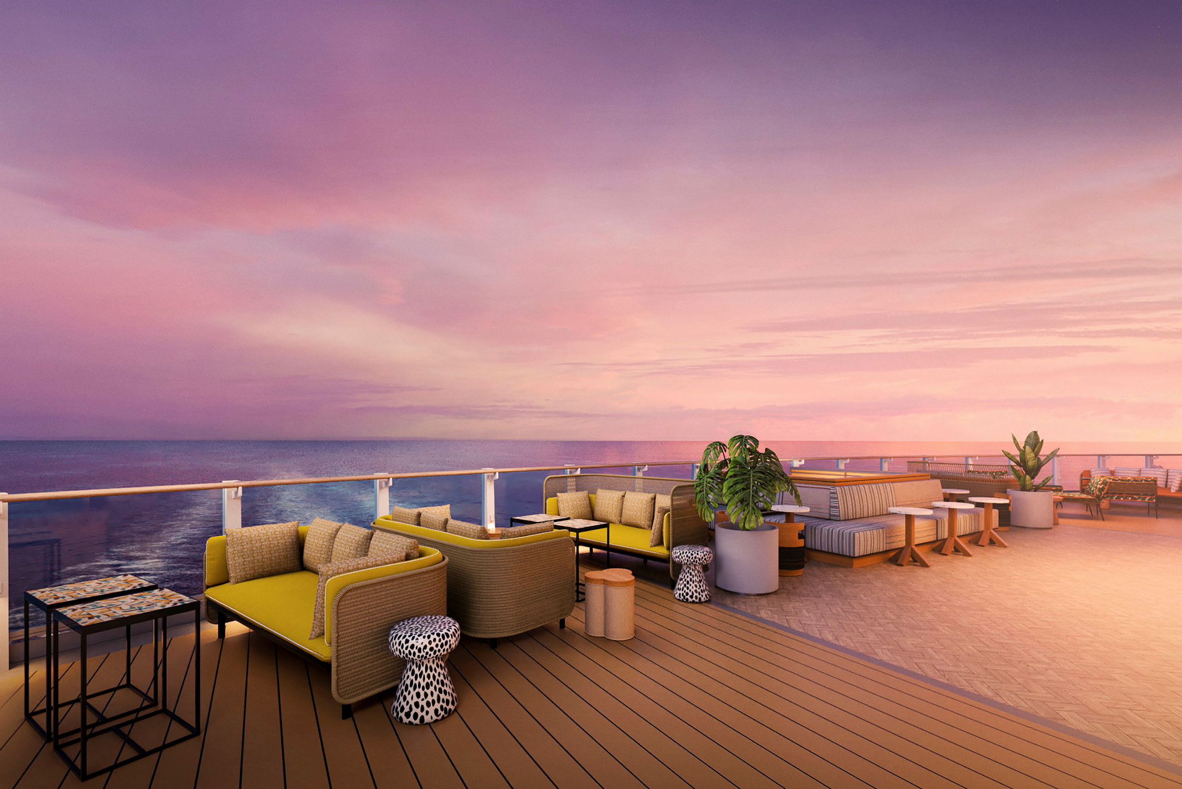 Avslappingsområde på en terrasse med havutsikt og solnedgang. (AI-generert tekst)