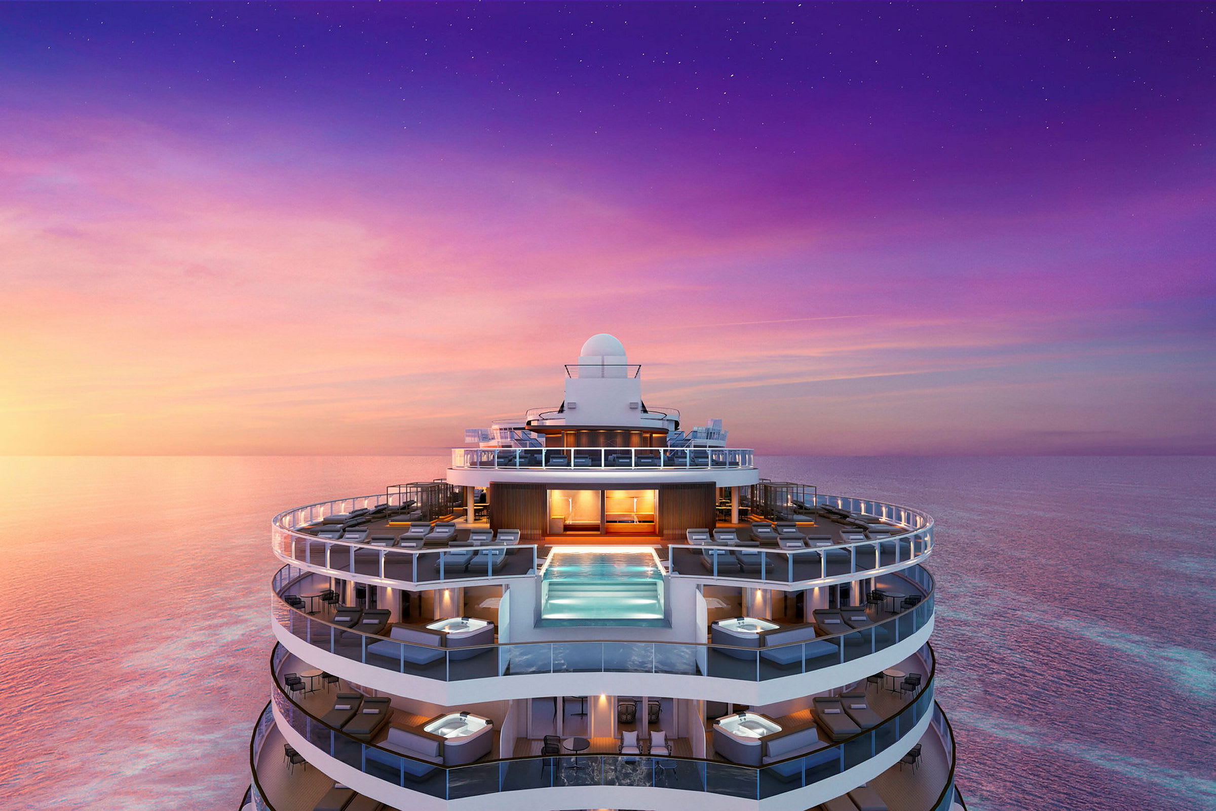 Øverste dekk på et cruiseskip ved solnedgang. (AI-generert tekst)