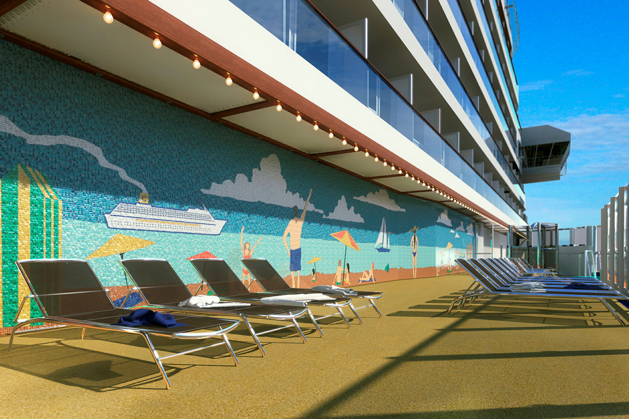 Solstoler ved en mosaikkvegg med strandmotiv på et cruiseskip. (AI-generert tekst)