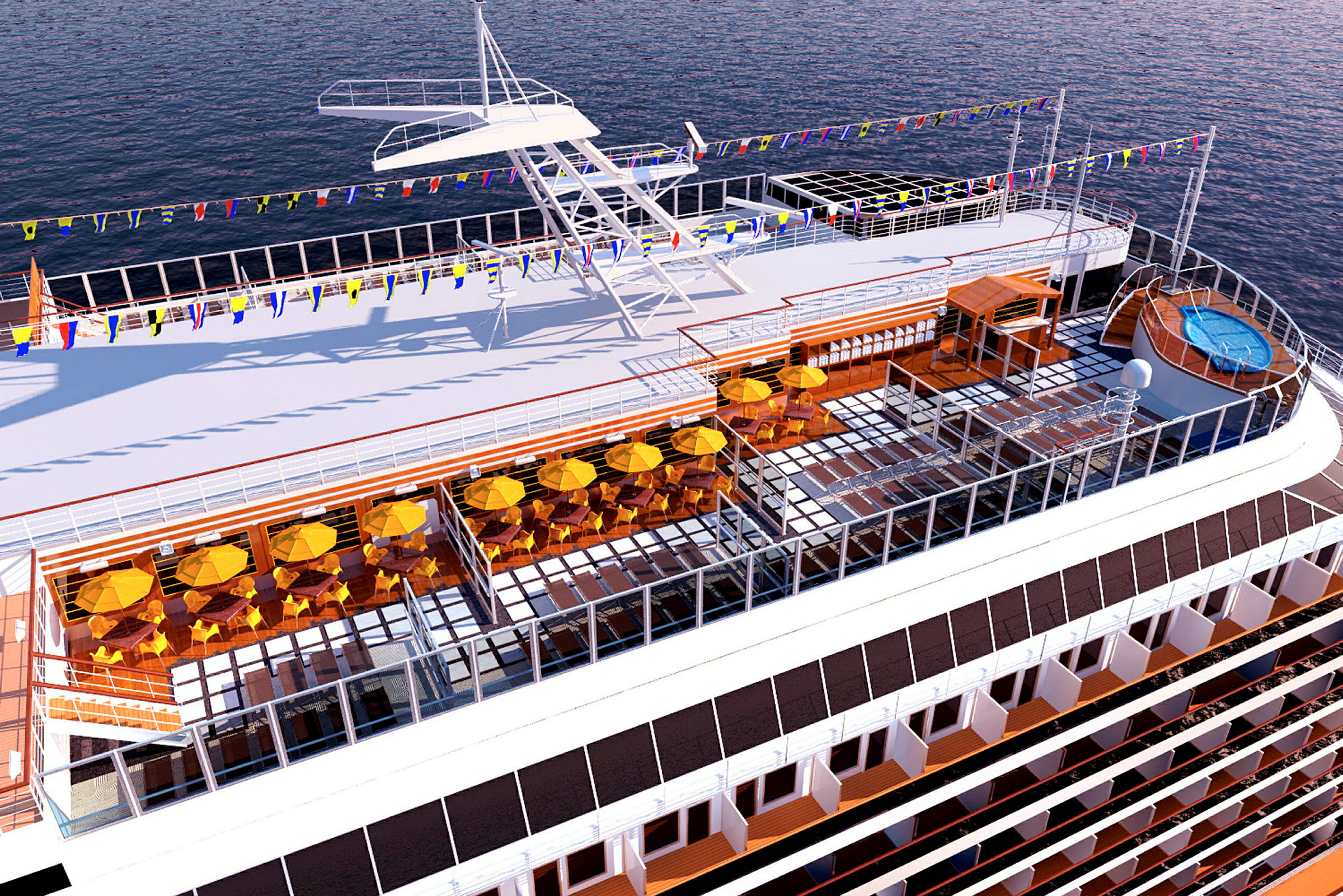 Bilde av dekket på et moderne cruiseskip med sitteplasser, parasoller og et lite rundt basseng. (AI-generert tekst)
