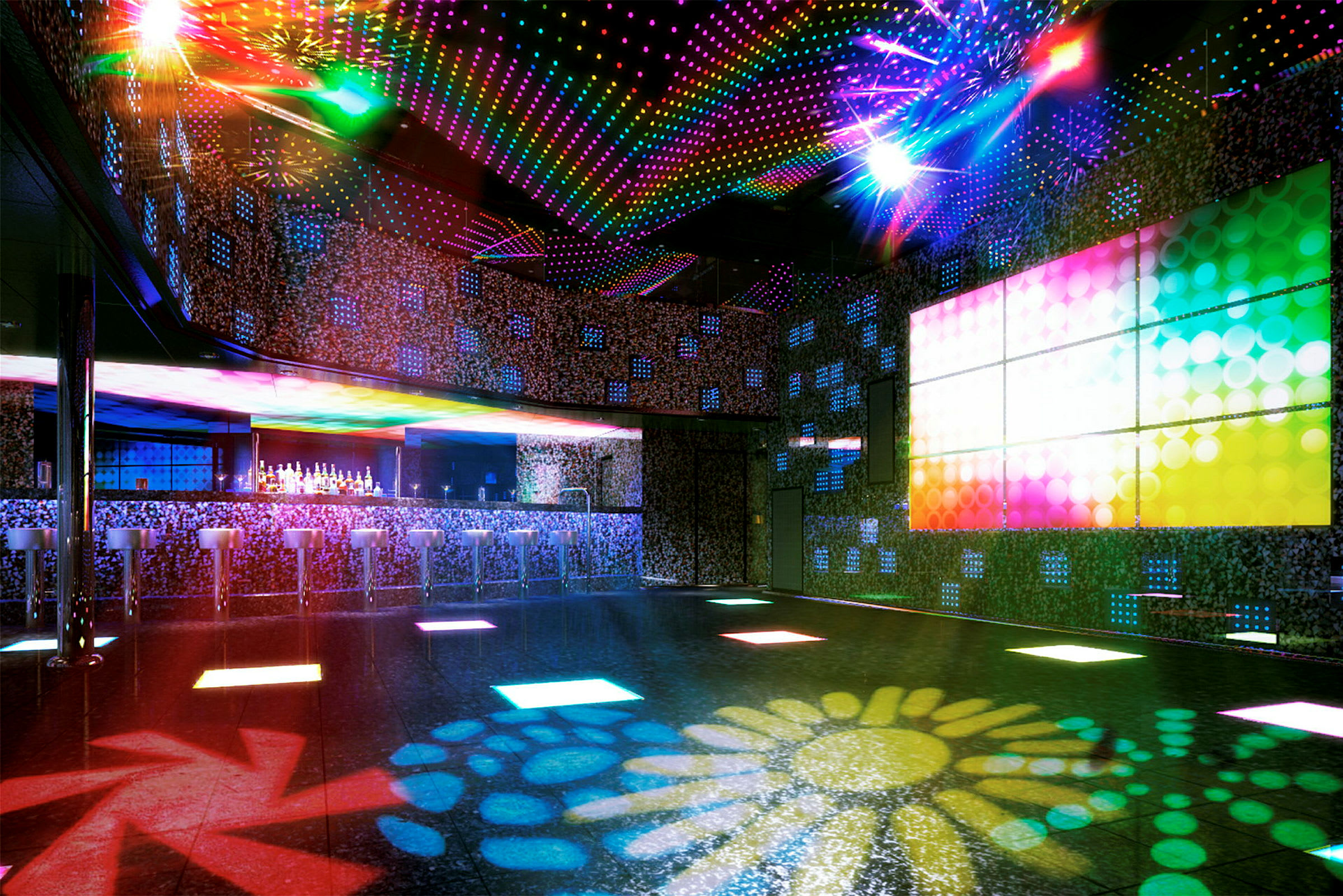 Interiør av en nattklubb med lysinstallasjoner, bar og dansegulv. (AI-generert tekst)