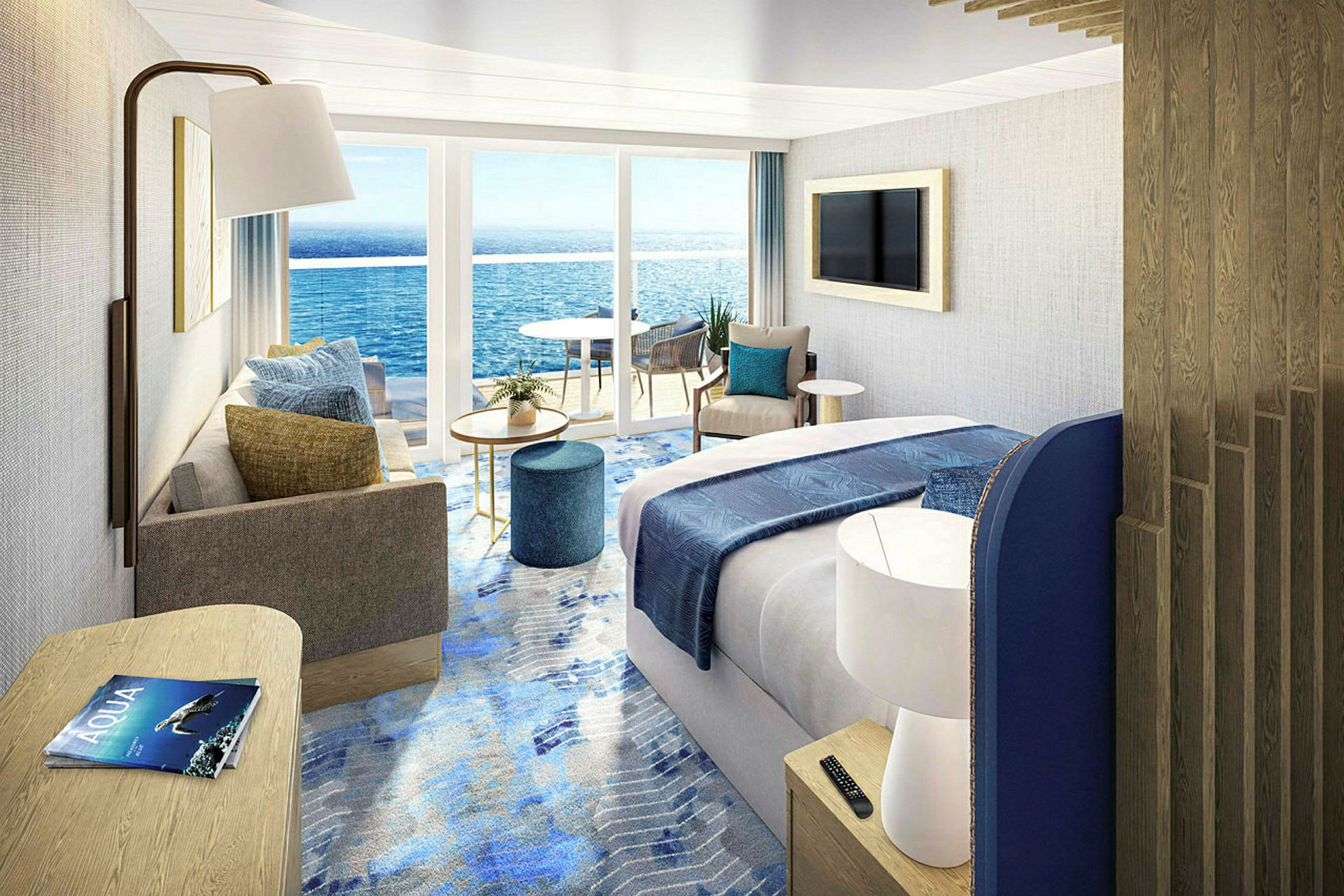 Et moderne hotellrom med havutsikt gjennom store glassdører som fører til en balkong. (AI-generert tekst)