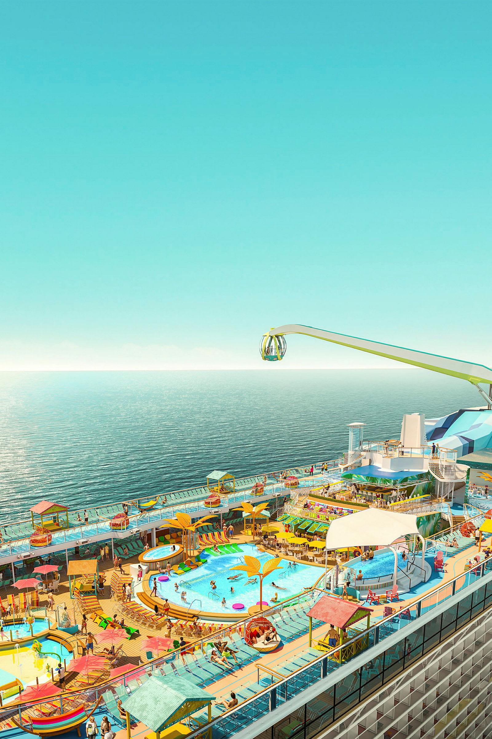 Uteområde med svømmebassenger på et cruiseskip. (AI-generert tekst)